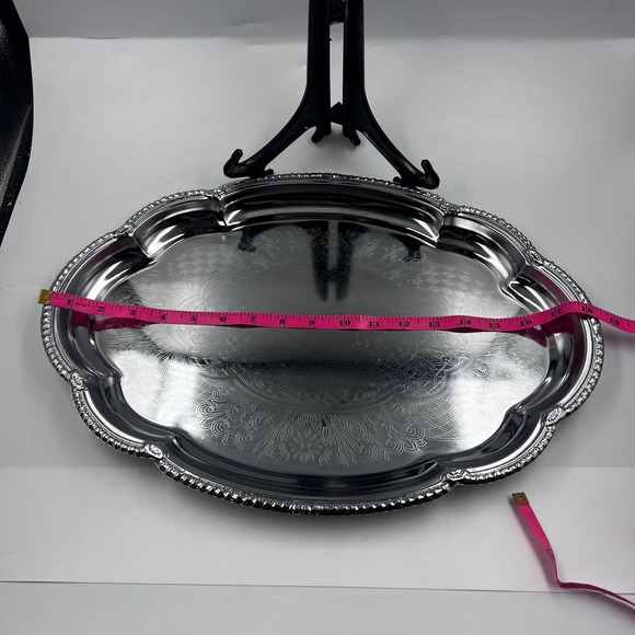 Vintage Set Three Silver Tone Trays Etched Decorative Stacking MidCentury - Picture 6 of 9